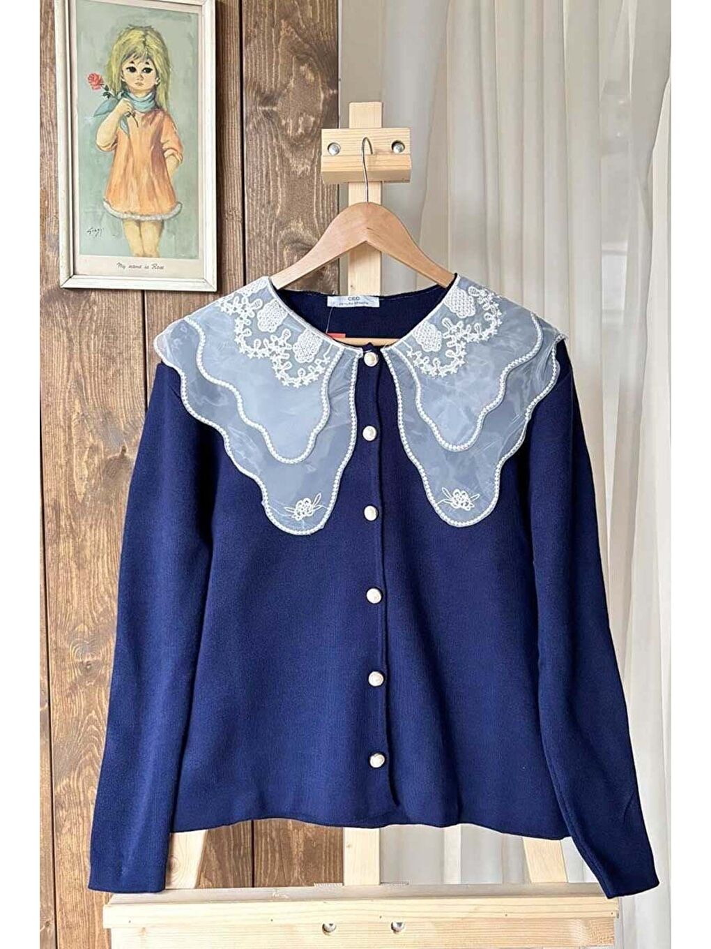 Dantel Yakalı Lacivert Triko Hırka-2