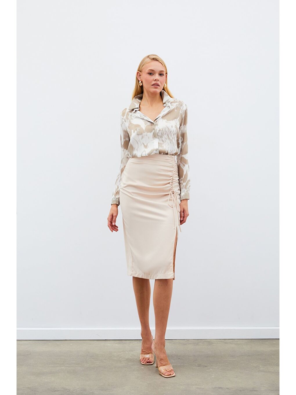 Desenli Gömlek - Bej-4