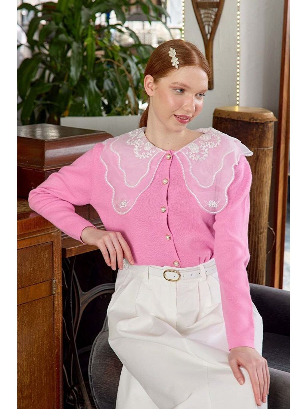 Dantel Yakalı Pembe Triko Hırka-2