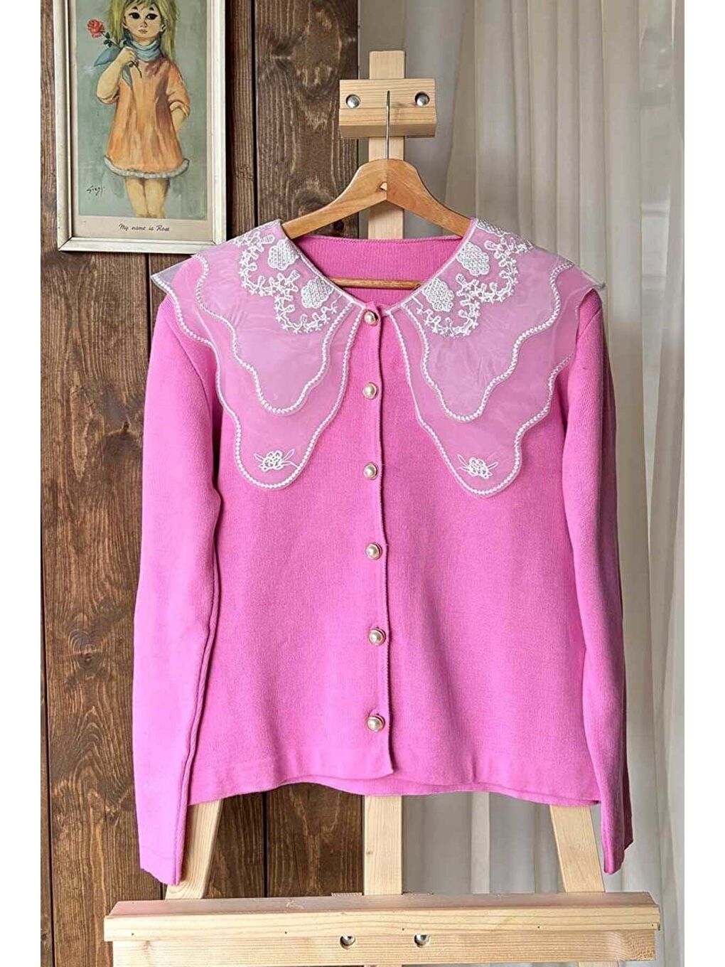 Dantel Yakalı Pembe Triko Hırka-3