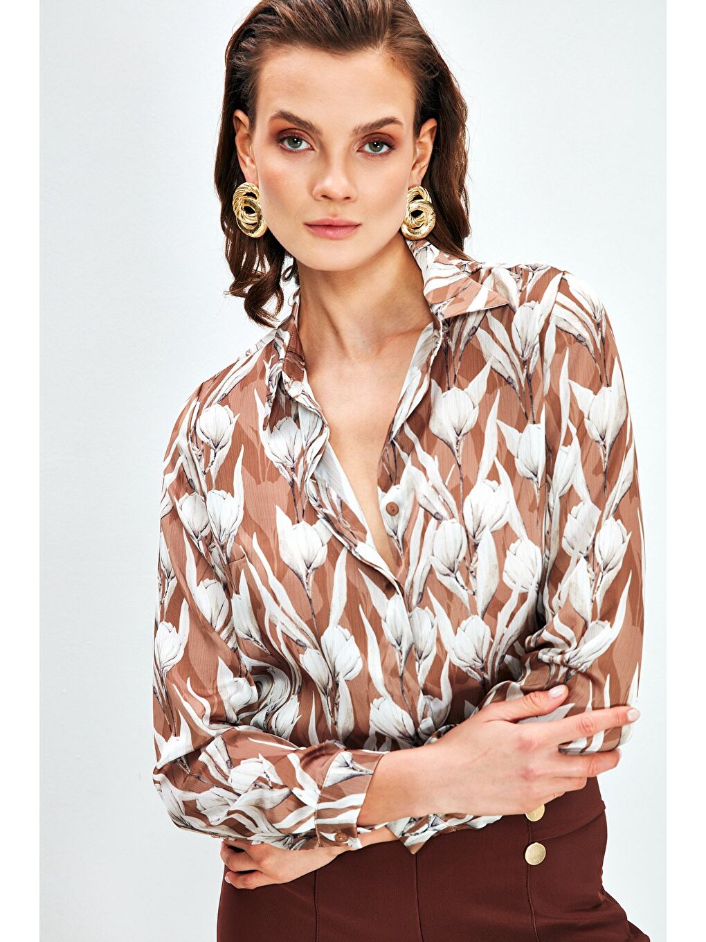 Kahverengi Desenli Salaş Gömlek - Kahve-1
