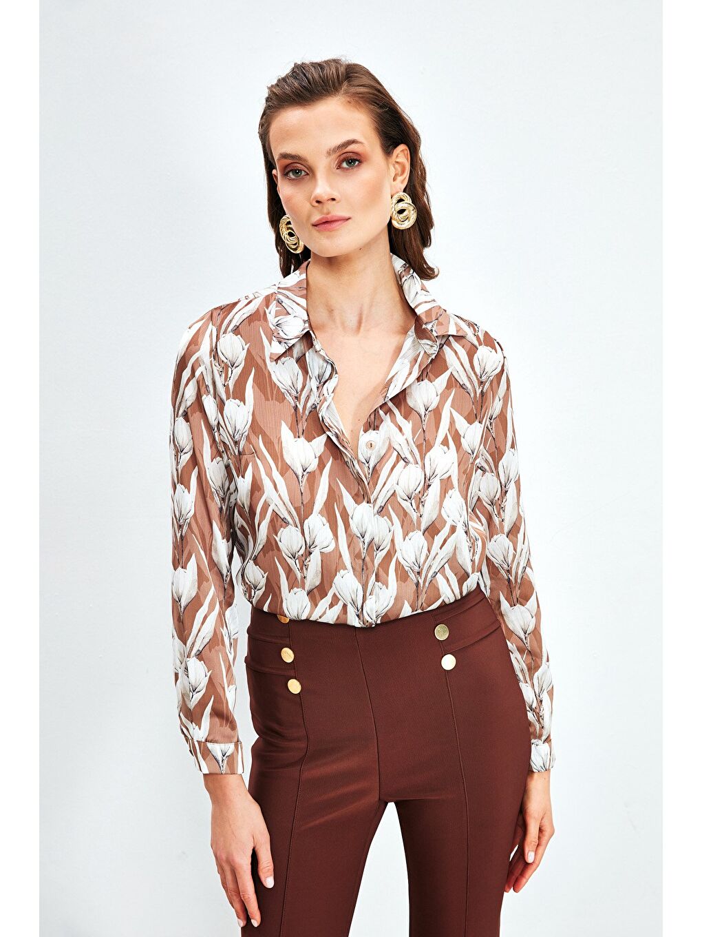 Kahverengi Desenli Salaş Gömlek - Kahve-2
