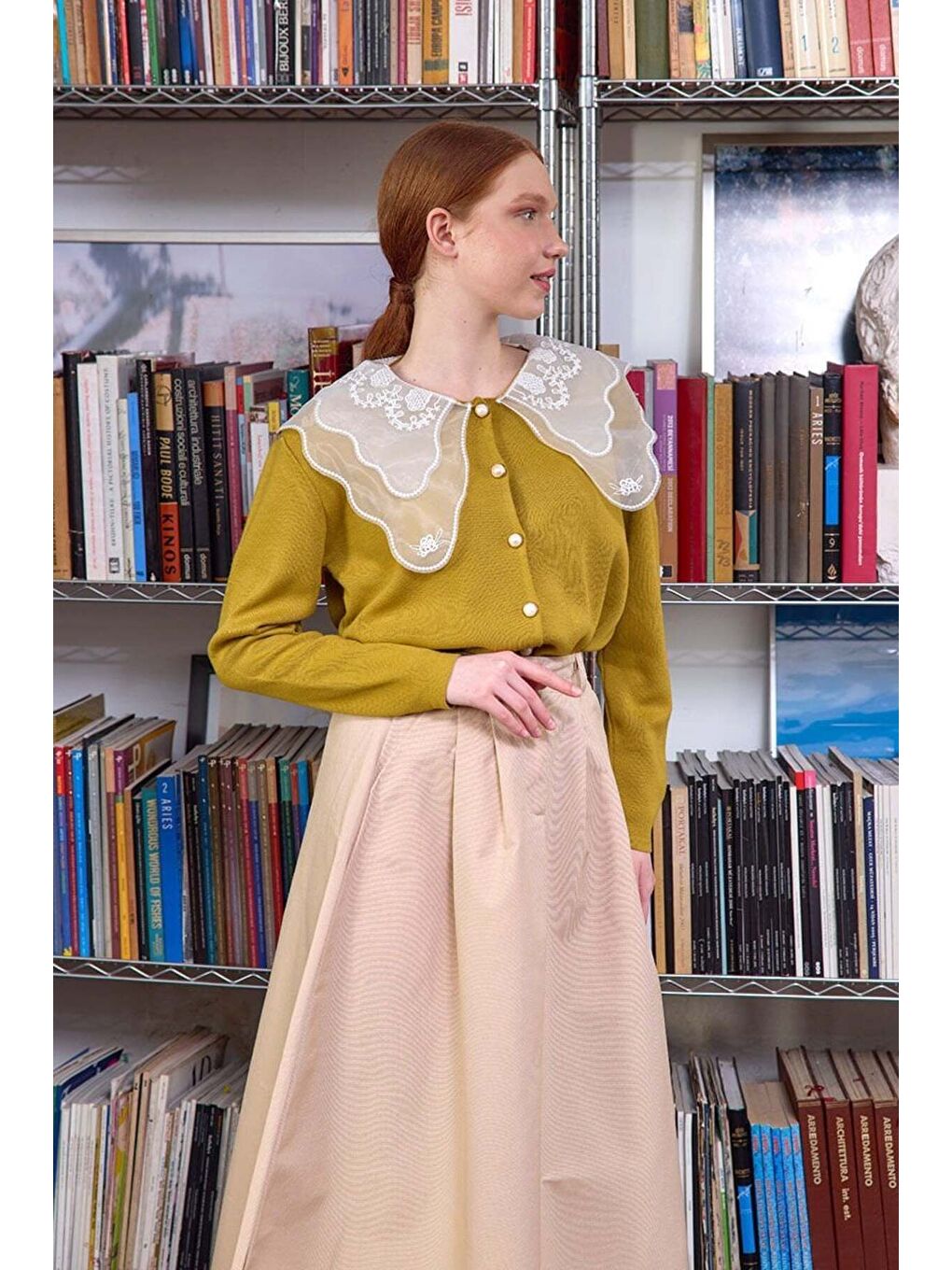 Dantel Yakalı Yağ Yeşili Triko Hırka-2