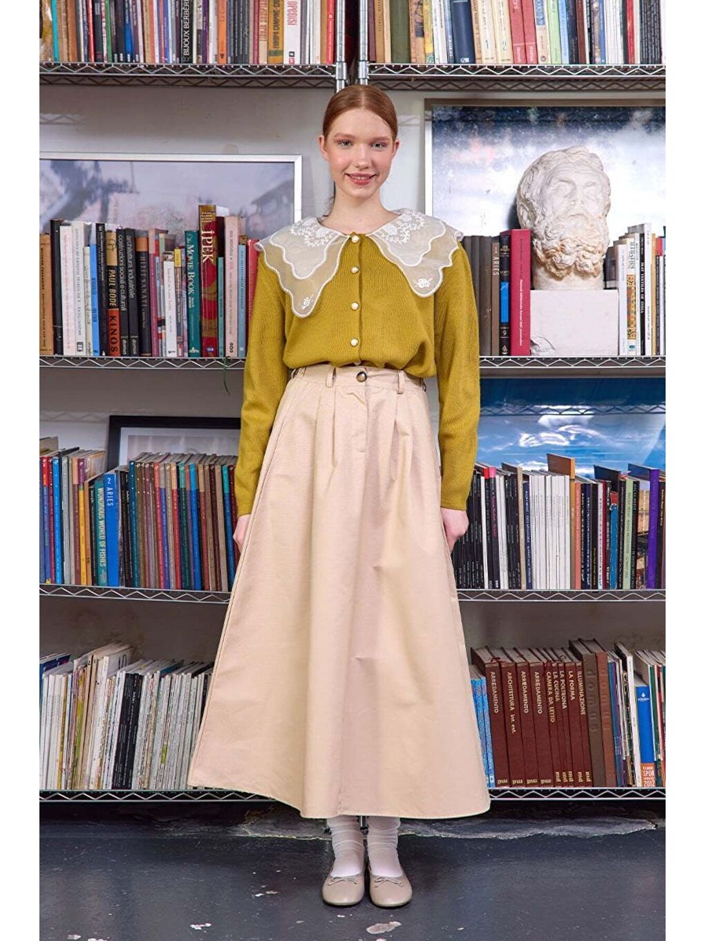 Dantel Yakalı Yağ Yeşili Triko Hırka-3