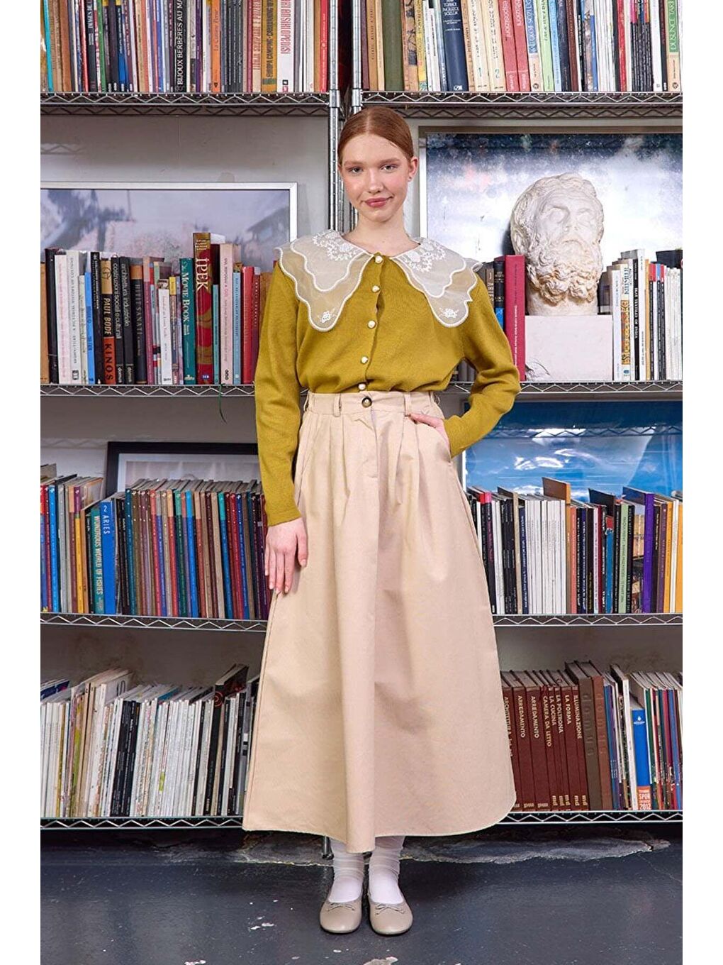 Dantel Yakalı Yağ Yeşili Triko Hırka-4