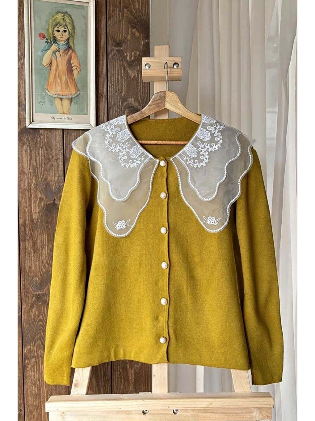 Dantel Yakalı Yağ Yeşili Triko Hırka-5