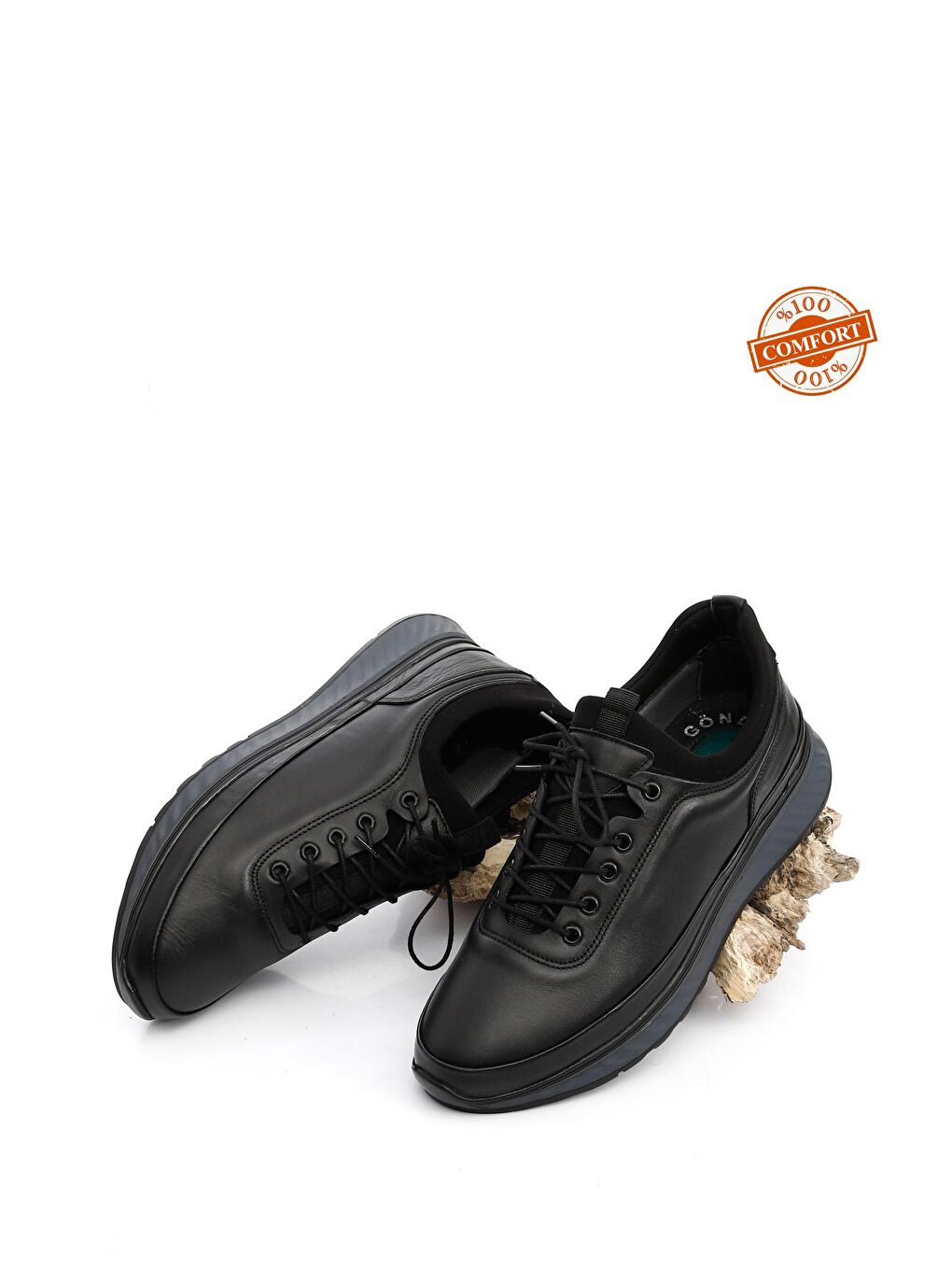 Siyah Hakiki Deri Bağcıklı Jel Tabanlıklı Erkek Günlük Sneaker 01909