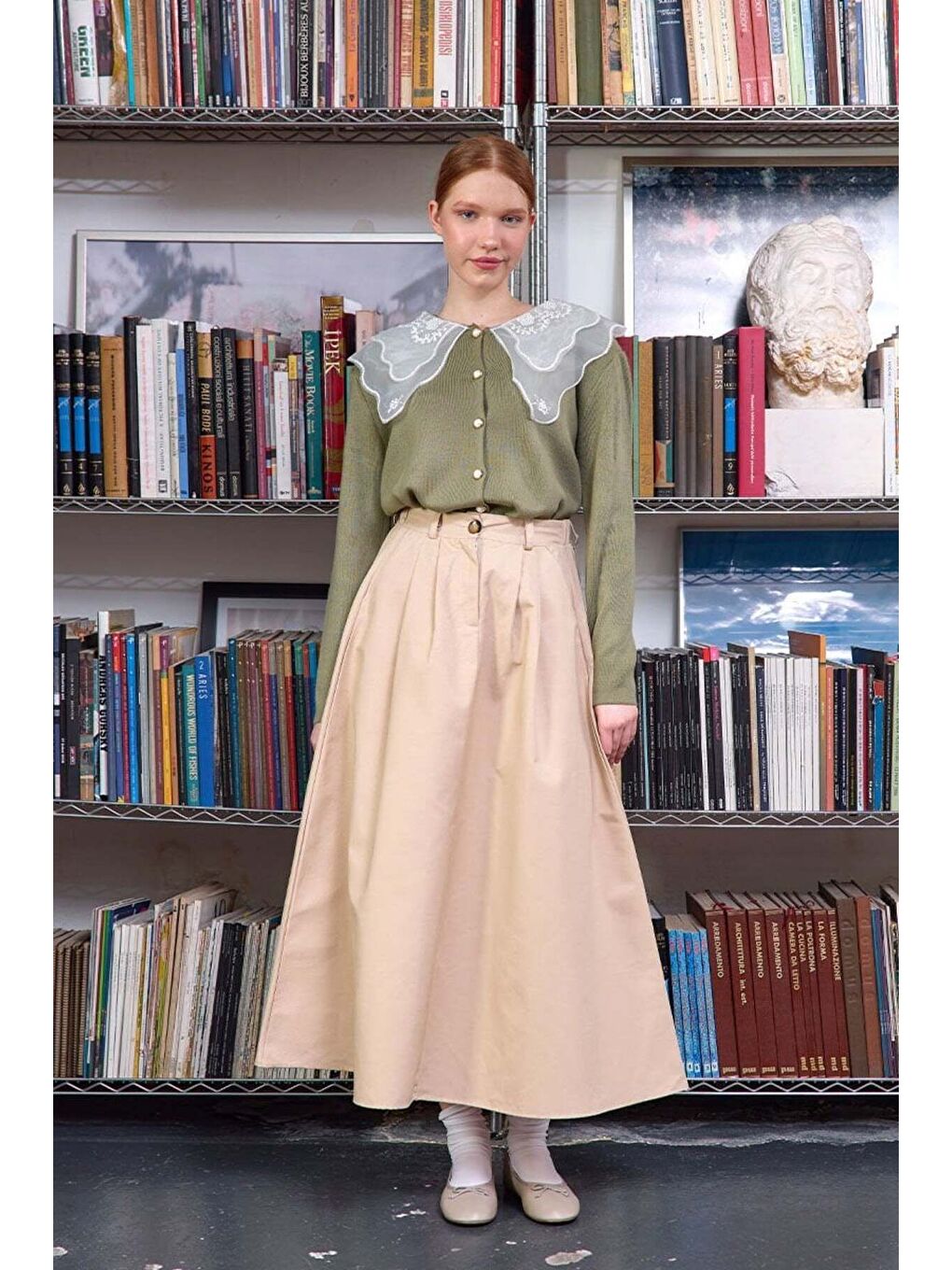 Dantel Yakalı Haki Triko Hırka-2