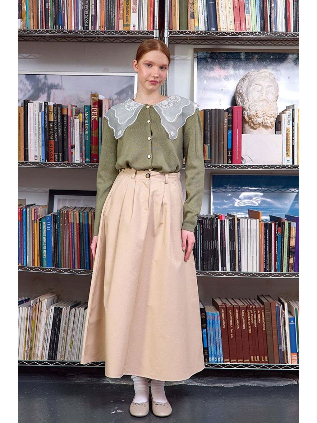 Dantel Yakalı Haki Triko Hırka-3