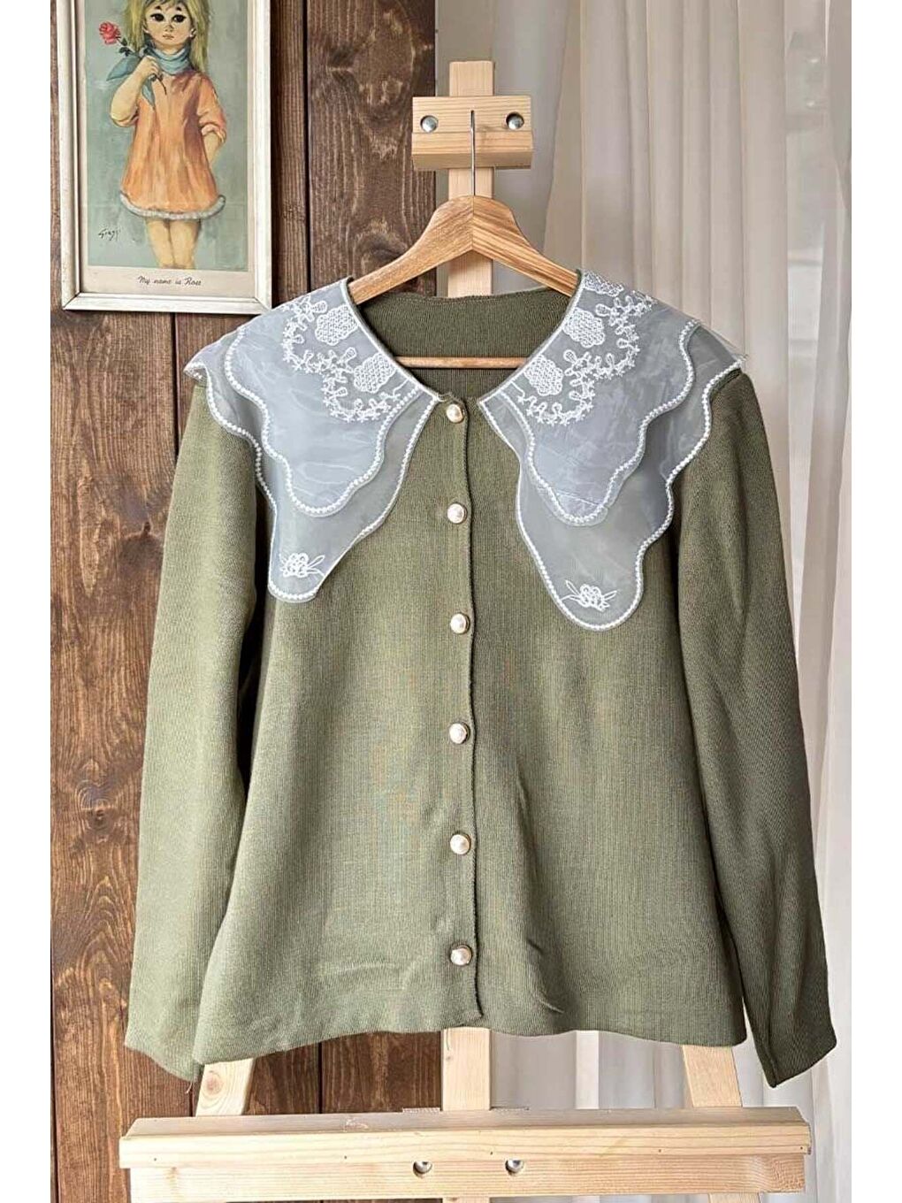 Dantel Yakalı Haki Triko Hırka-4