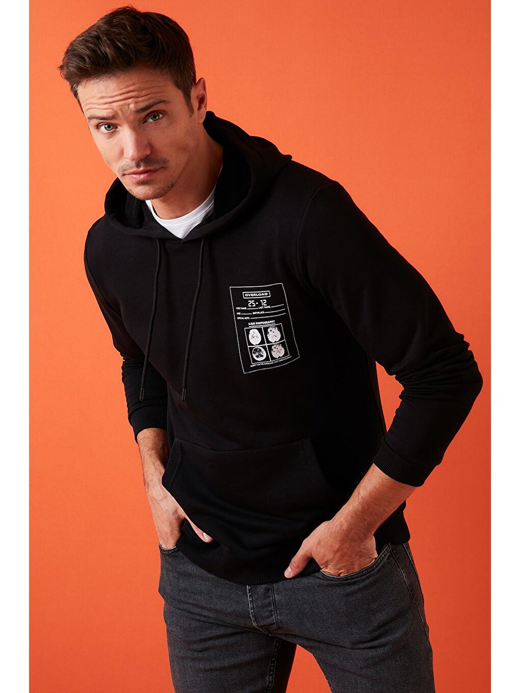 Siyah Baskılı Kapüşonlu Kanguru Cepli Pamuklu Sweat 572OVERLOAD-1
