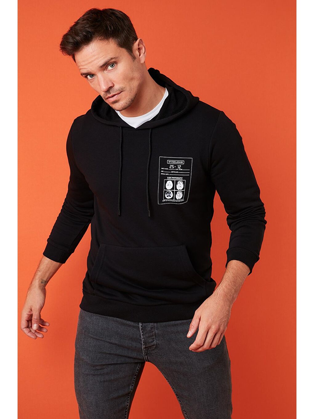 Siyah Baskılı Kapüşonlu Kanguru Cepli Pamuklu Sweat 572OVERLOAD-2
