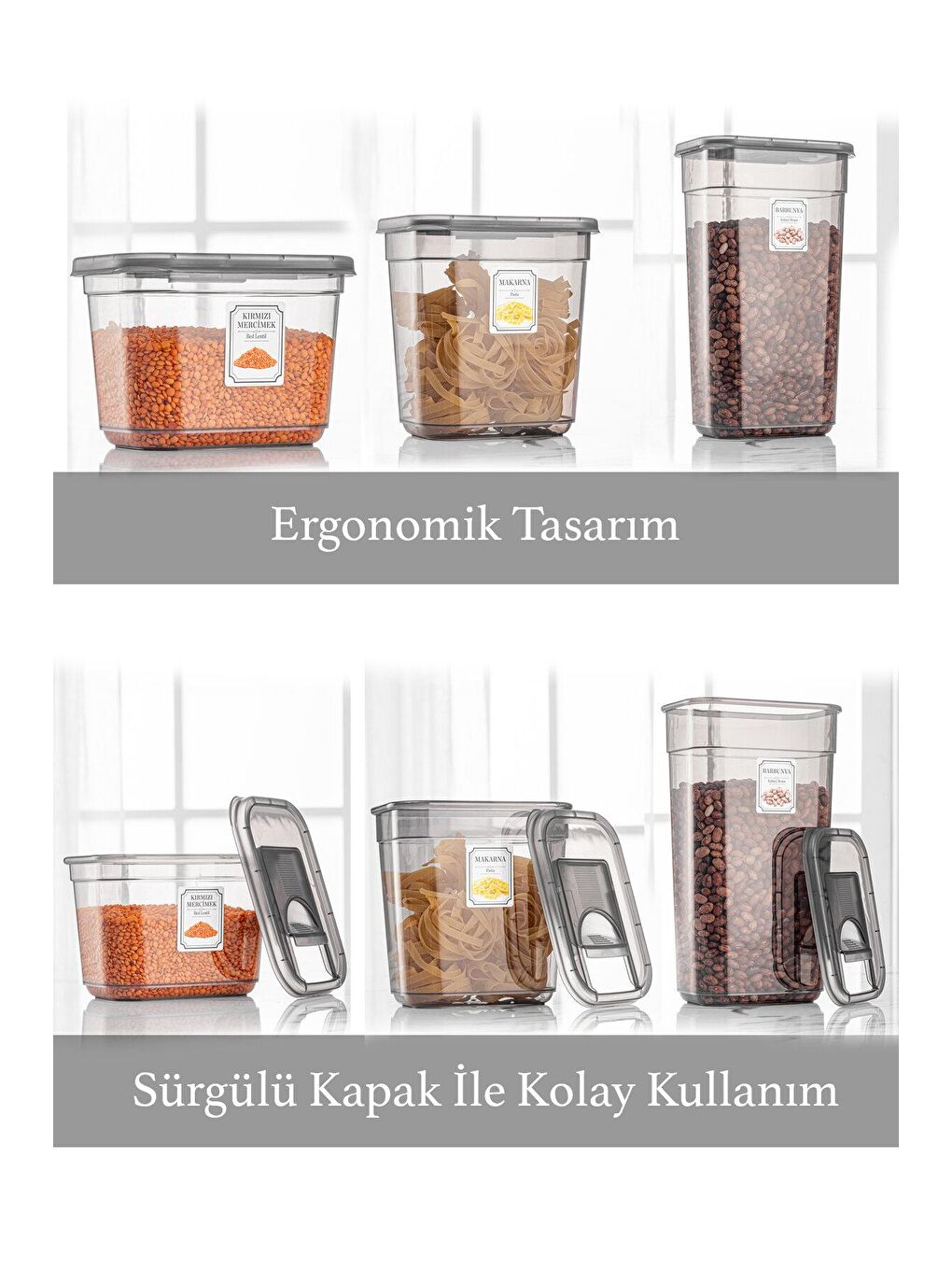 Meleni Home Antrasit 18 Adet Etiketli Sürgülü Kapaklı Erzak Saklama Kabı Dikdörtgen Erzak Kabı 6x(1,3Lt-2 Lt-3,2Lt) - 1