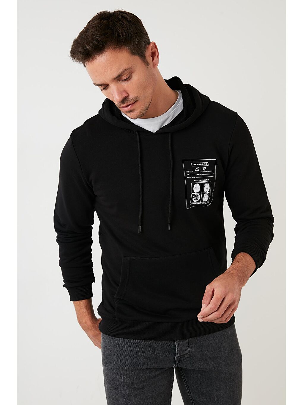 Siyah Baskılı Kapüşonlu Kanguru Cepli Pamuklu Sweat 572OVERLOAD-3