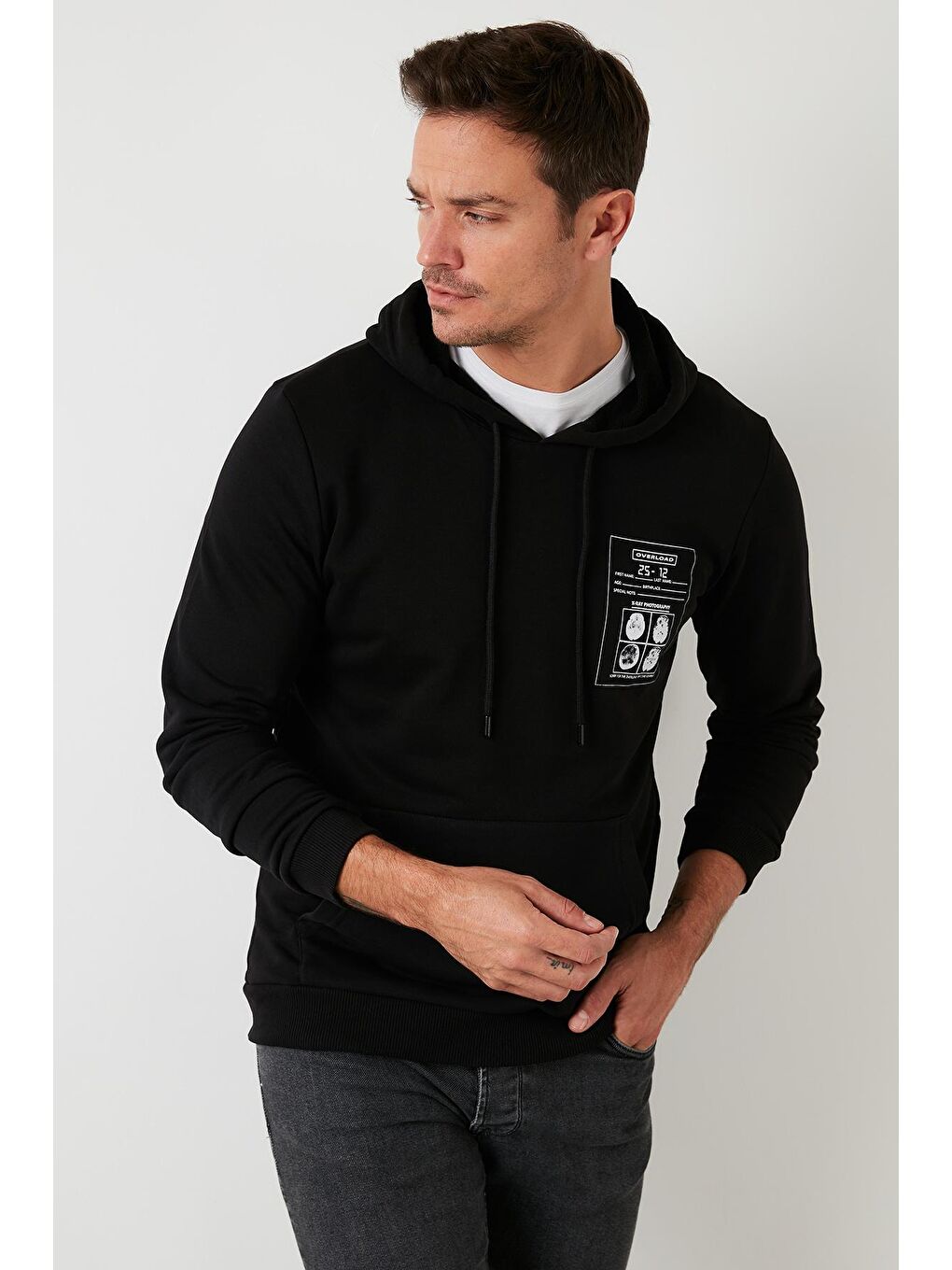 Siyah Baskılı Kapüşonlu Kanguru Cepli Pamuklu Sweat 572OVERLOAD-4