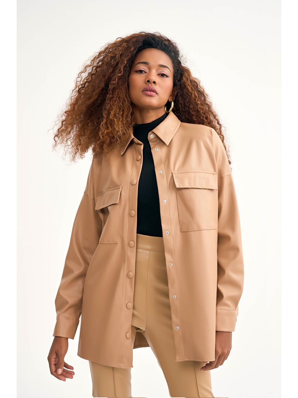 Cepli Salaş Deri Gömlek - Bej-1