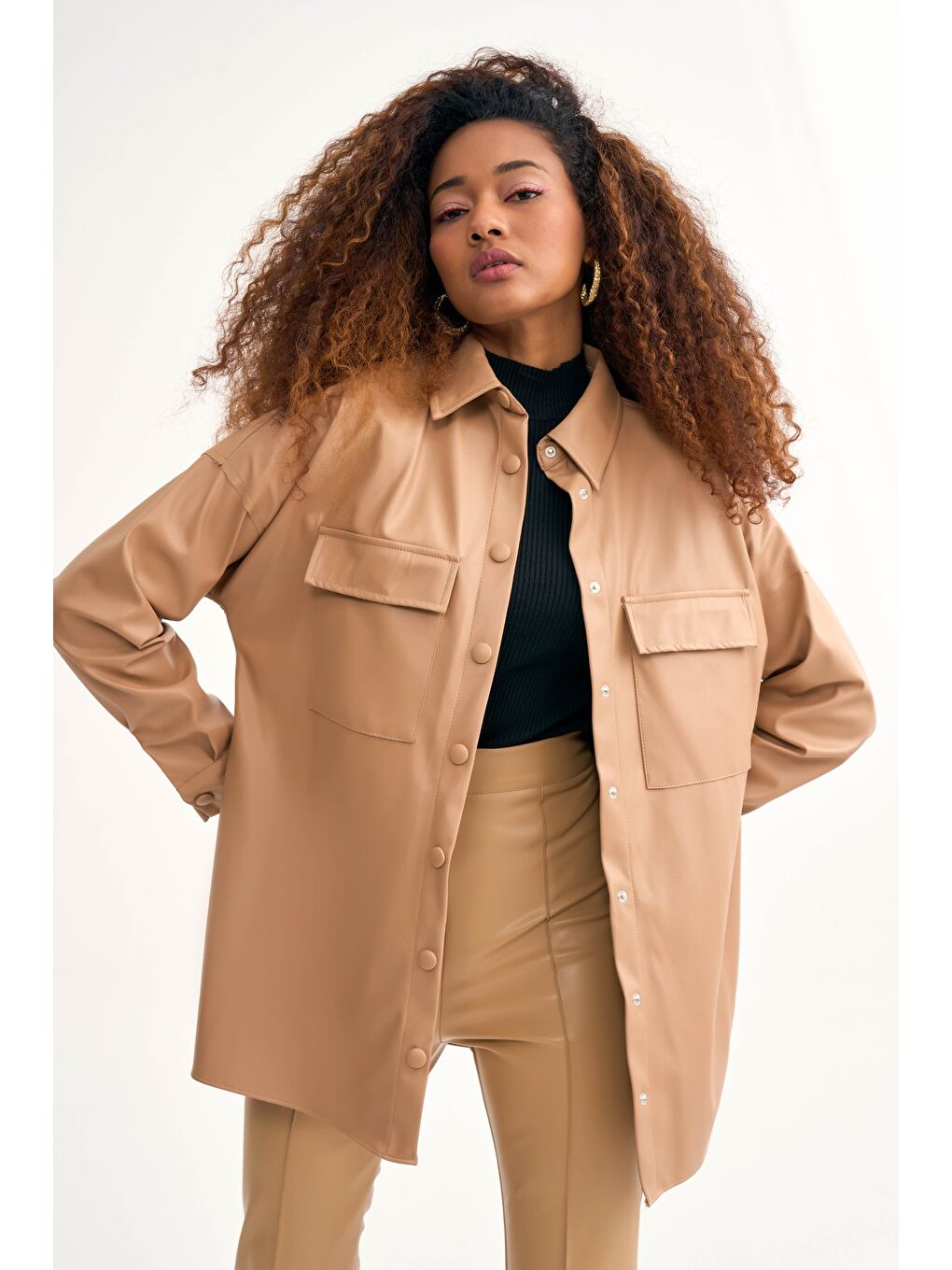 Cepli Salaş Deri Gömlek - Bej-2