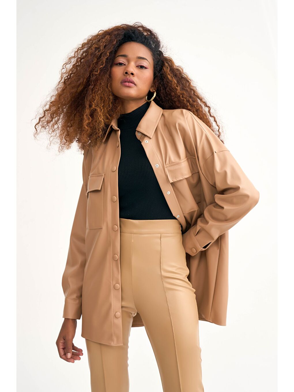 Cepli Salaş Deri Gömlek - Bej-3