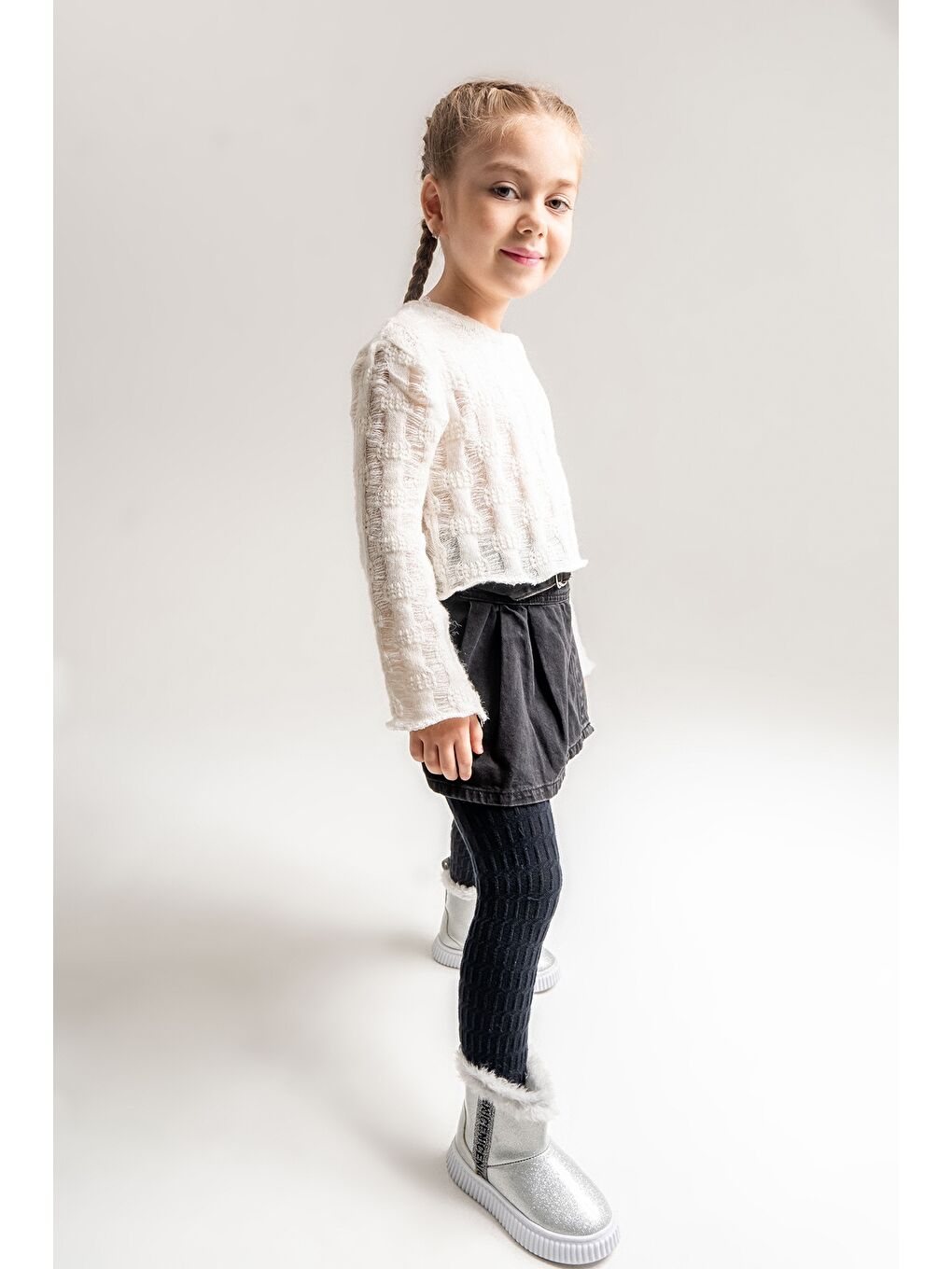 Gri Kız Çocuk Gümüş Simli Suni Deri Kürklü Anatomik Kar Botu-1