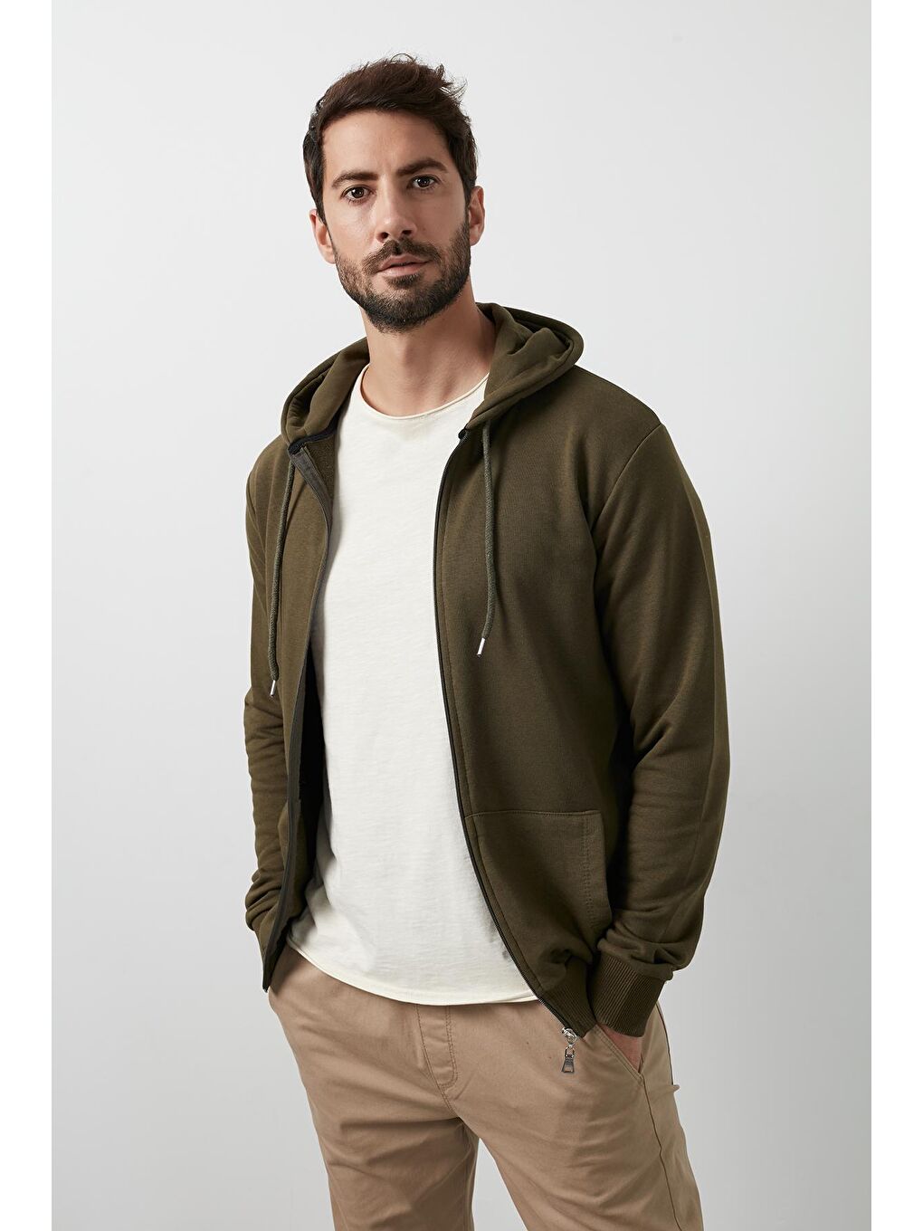 Haki Regular Fit Kapüşonlu  Cepli Pamuklu Erkek Fermuarlı Sweatshirt Hırka 541ZIPHOODIE