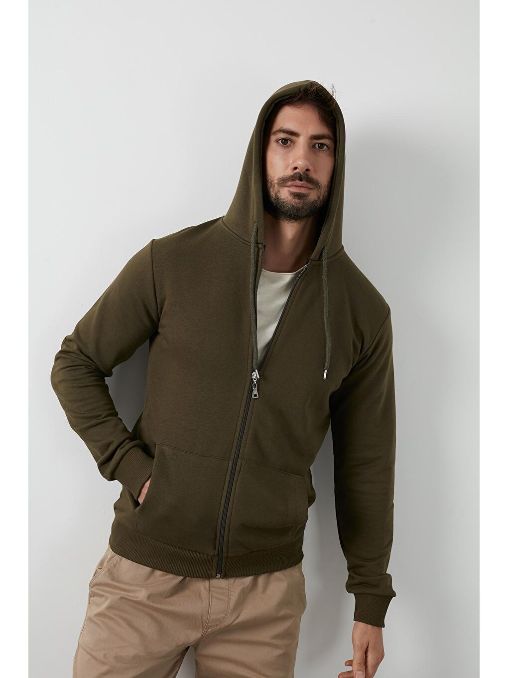 Haki Regular Fit Kapüşonlu  Cepli Pamuklu Erkek Fermuarlı Sweatshirt Hırka 541ZIPHOODIE-2