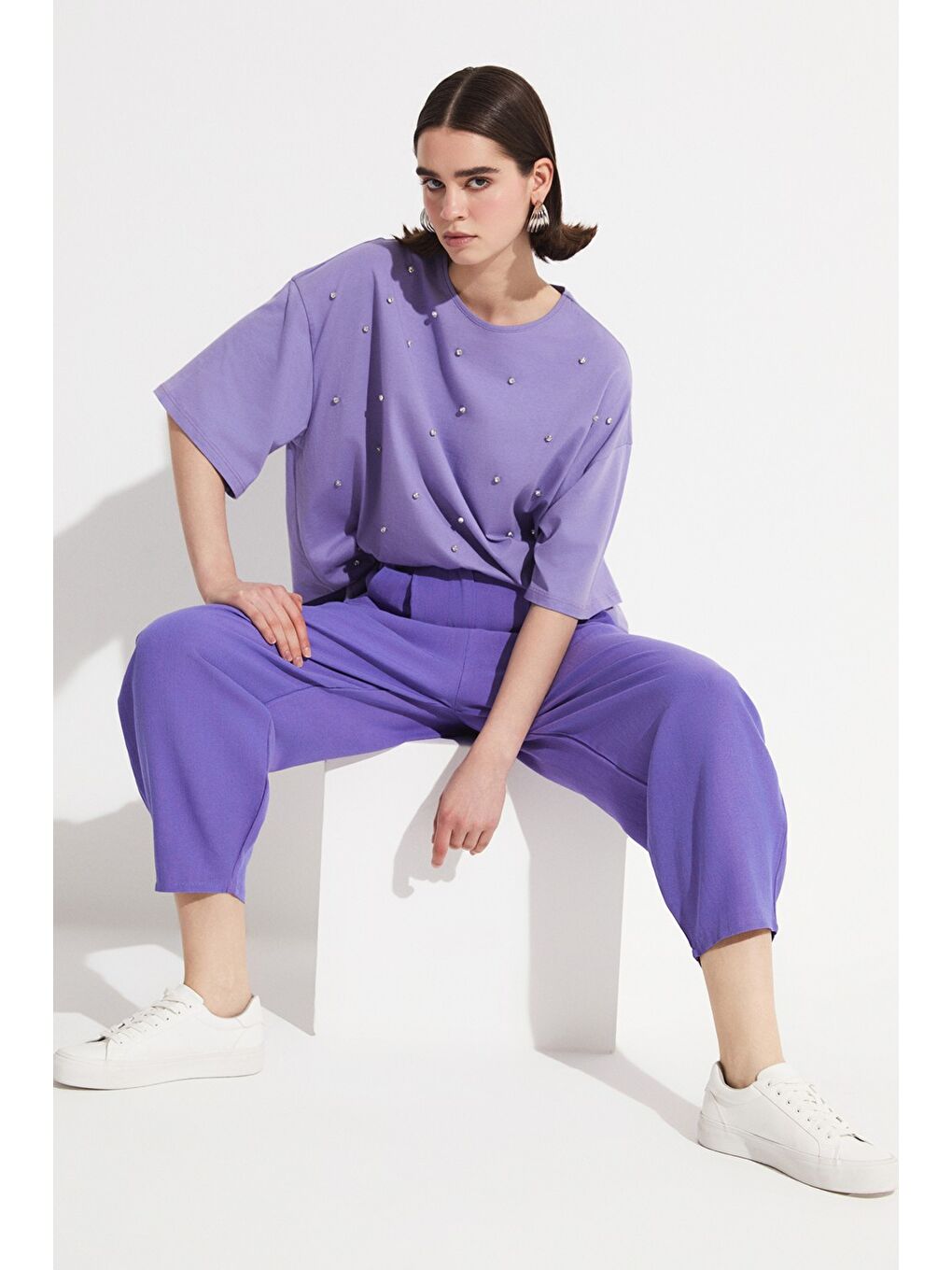 Mor Keten Karışımlı Pantolon-1