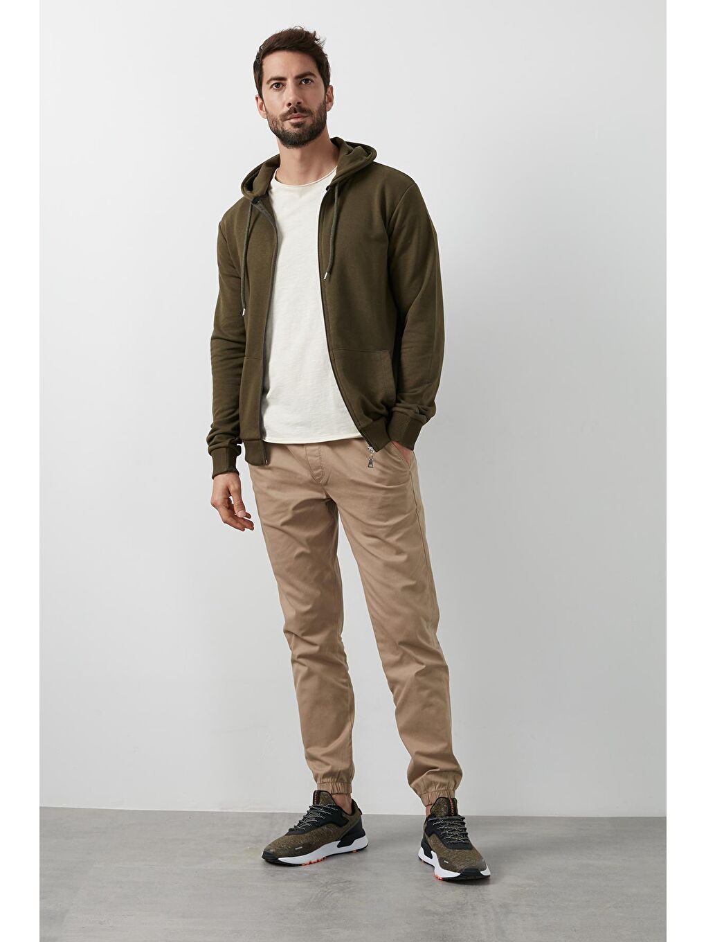 Haki Regular Fit Kapüşonlu  Cepli Pamuklu Erkek Fermuarlı Sweatshirt Hırka 541ZIPHOODIE-3