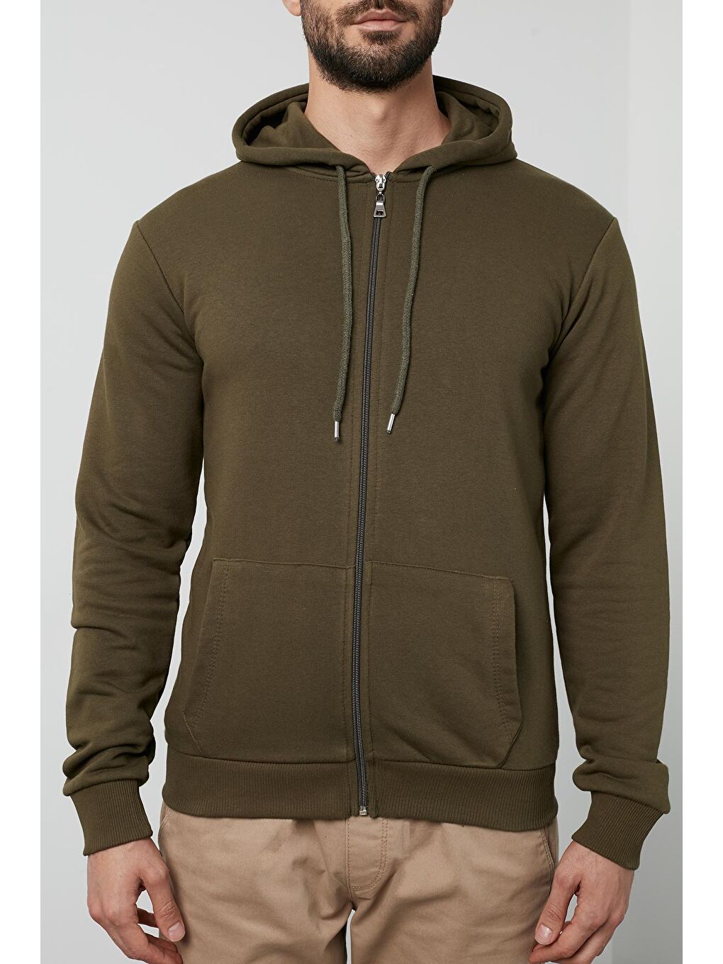 Haki Regular Fit Kapüşonlu  Cepli Pamuklu Erkek Fermuarlı Sweatshirt Hırka 541ZIPHOODIE-4