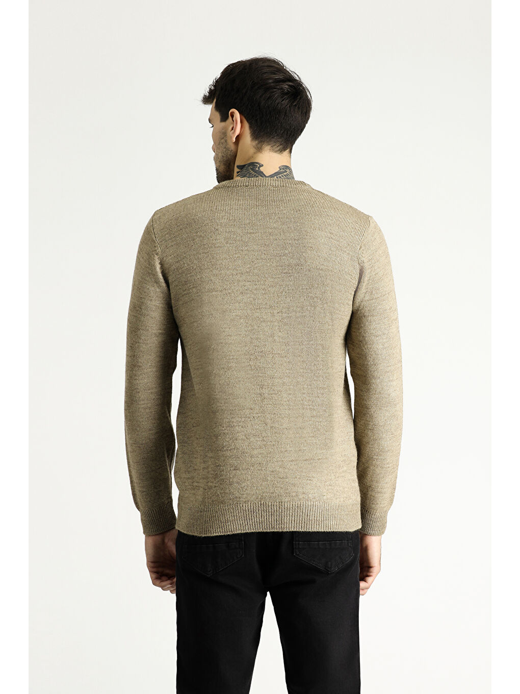 Bej Bisiklet Yaka Slim Fit Dar Kesim Desenli Triko Kazak-3