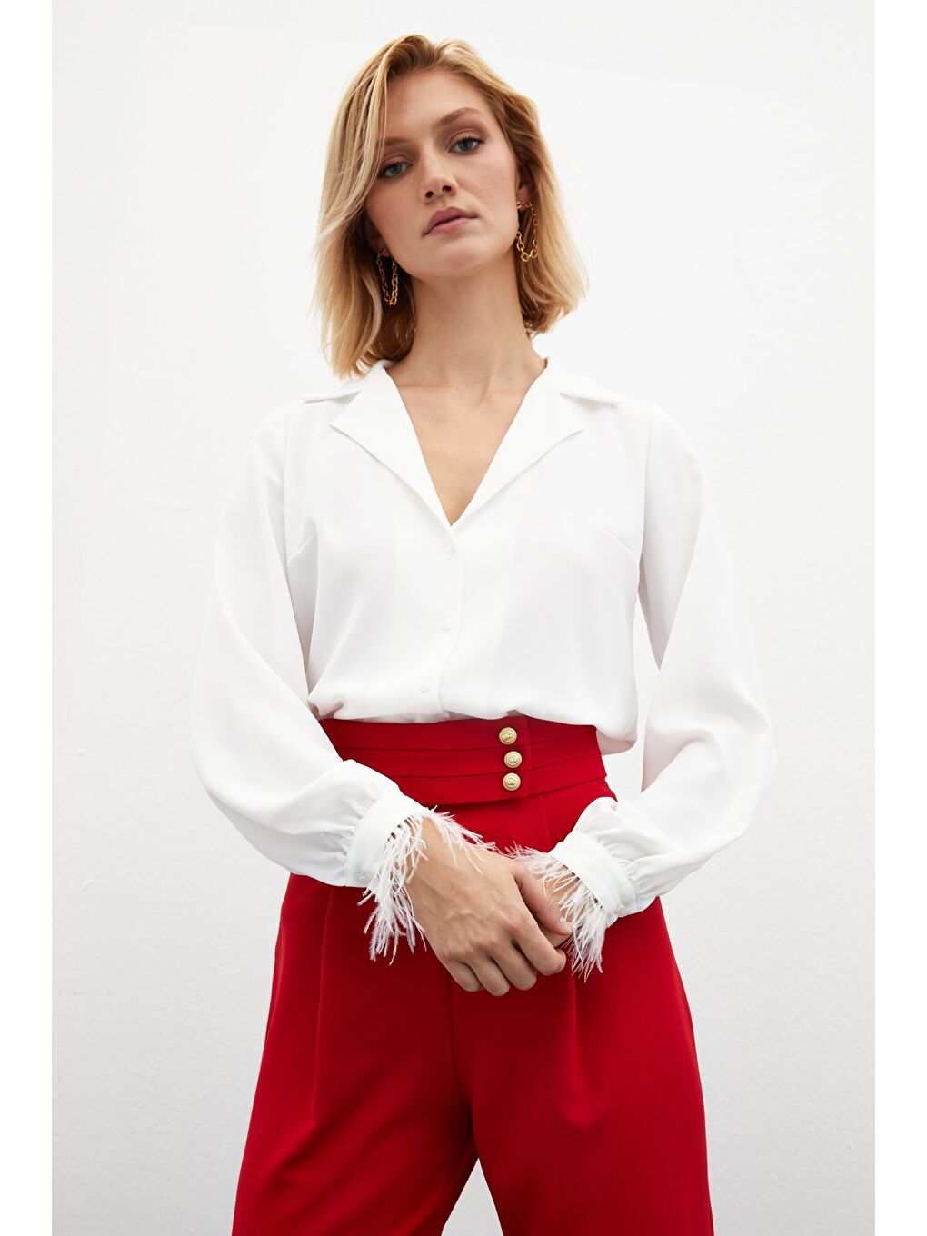 Tüy Detaylı Salaş Gömlek - Ekru-3