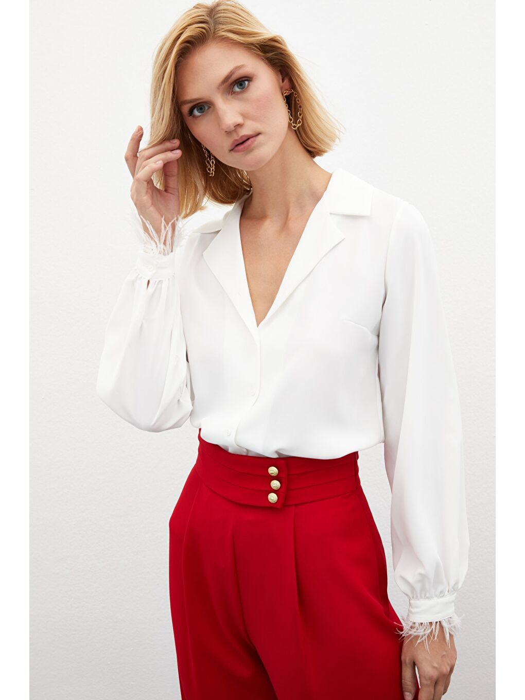 Tüy Detaylı Salaş Gömlek - Ekru-4