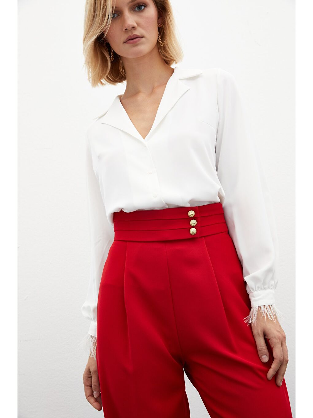 Tüy Detaylı Salaş Gömlek - Ekru-5