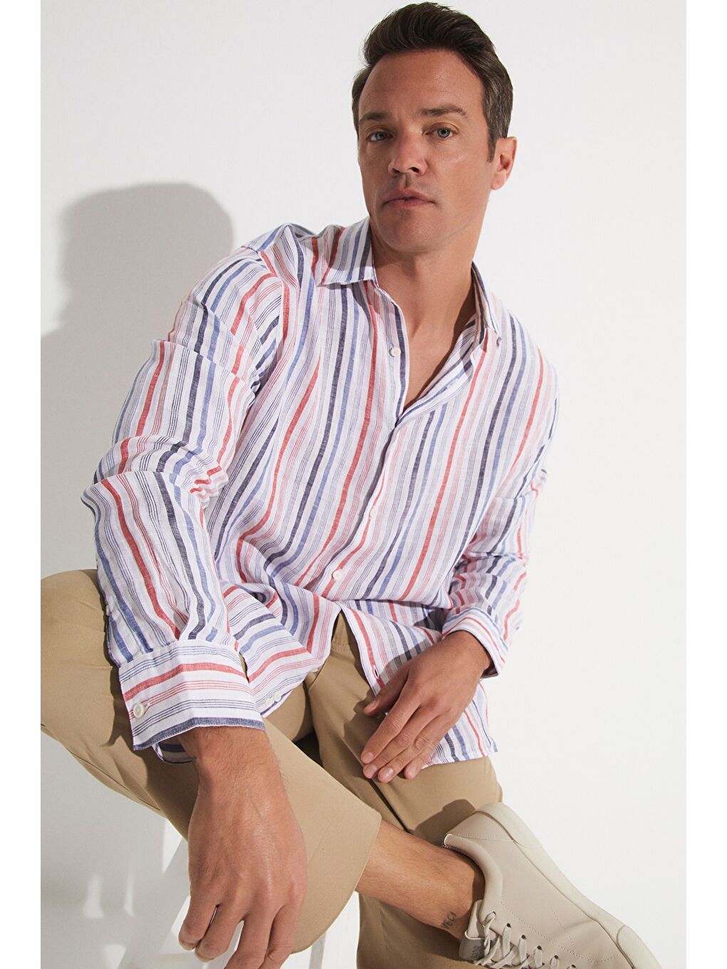 Beyaz Exclusive Erkek Overize Çizgili Gömlek-1