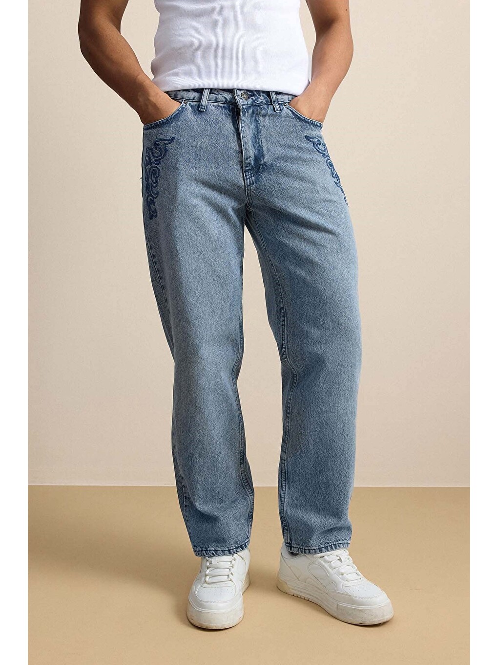 Erkek Baggy Nakış Detaylı Jean Pantolon Mavi-2