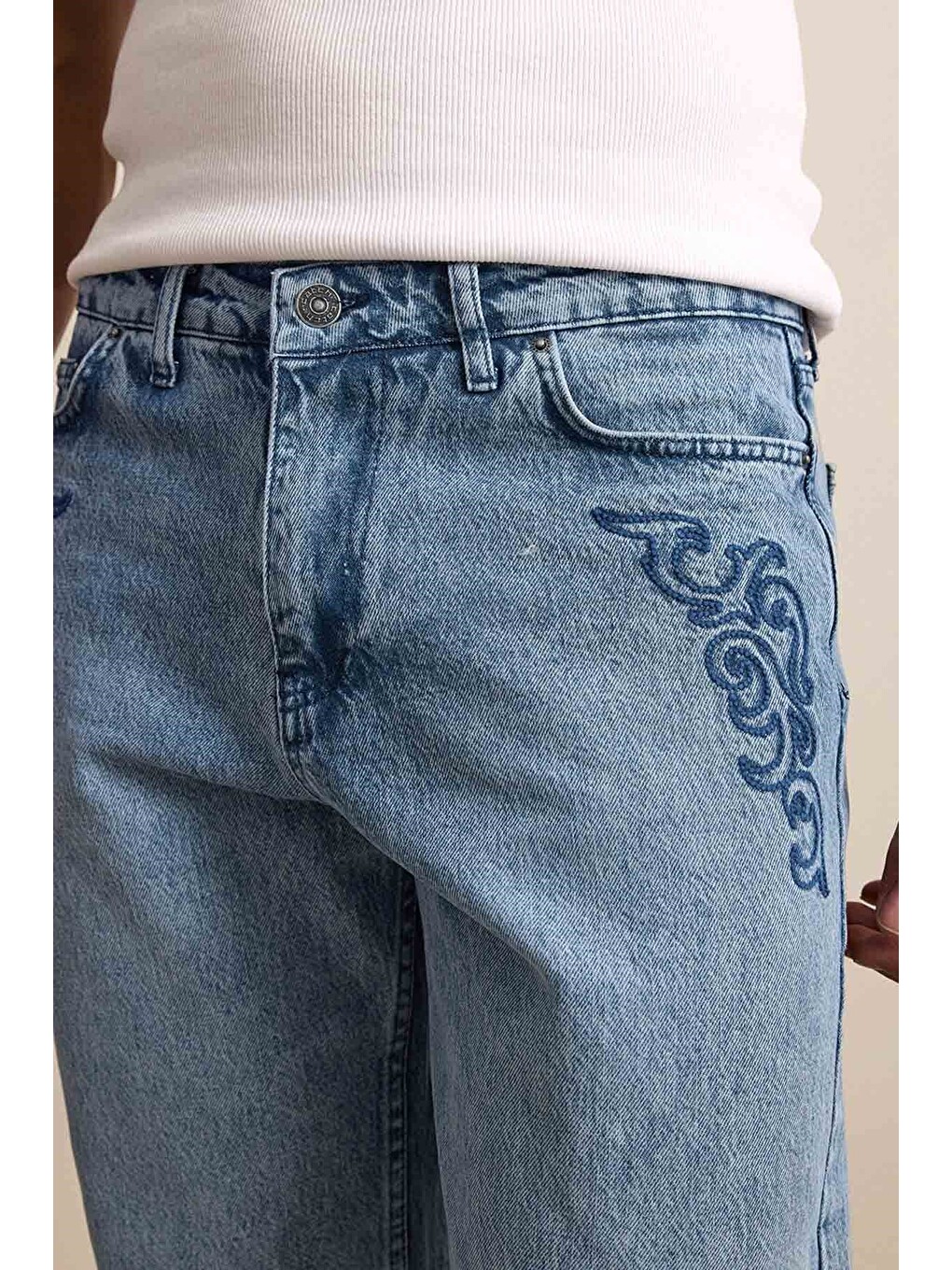 Erkek Baggy Nakış Detaylı Jean Pantolon Mavi-3