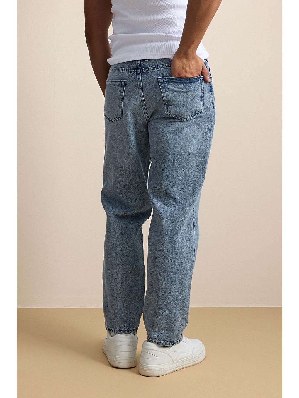 Erkek Baggy Nakış Detaylı Jean Pantolon Mavi-6