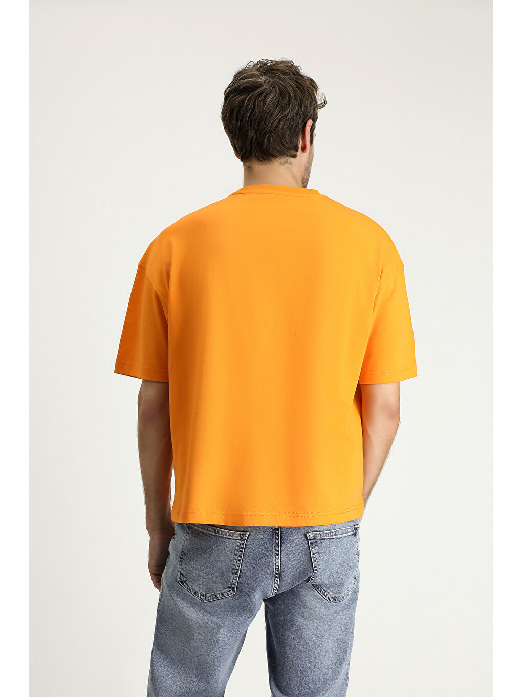 Turuncu Bisiklet Yaka Oversize Baskılı Süprem Pamuk Tişört-4