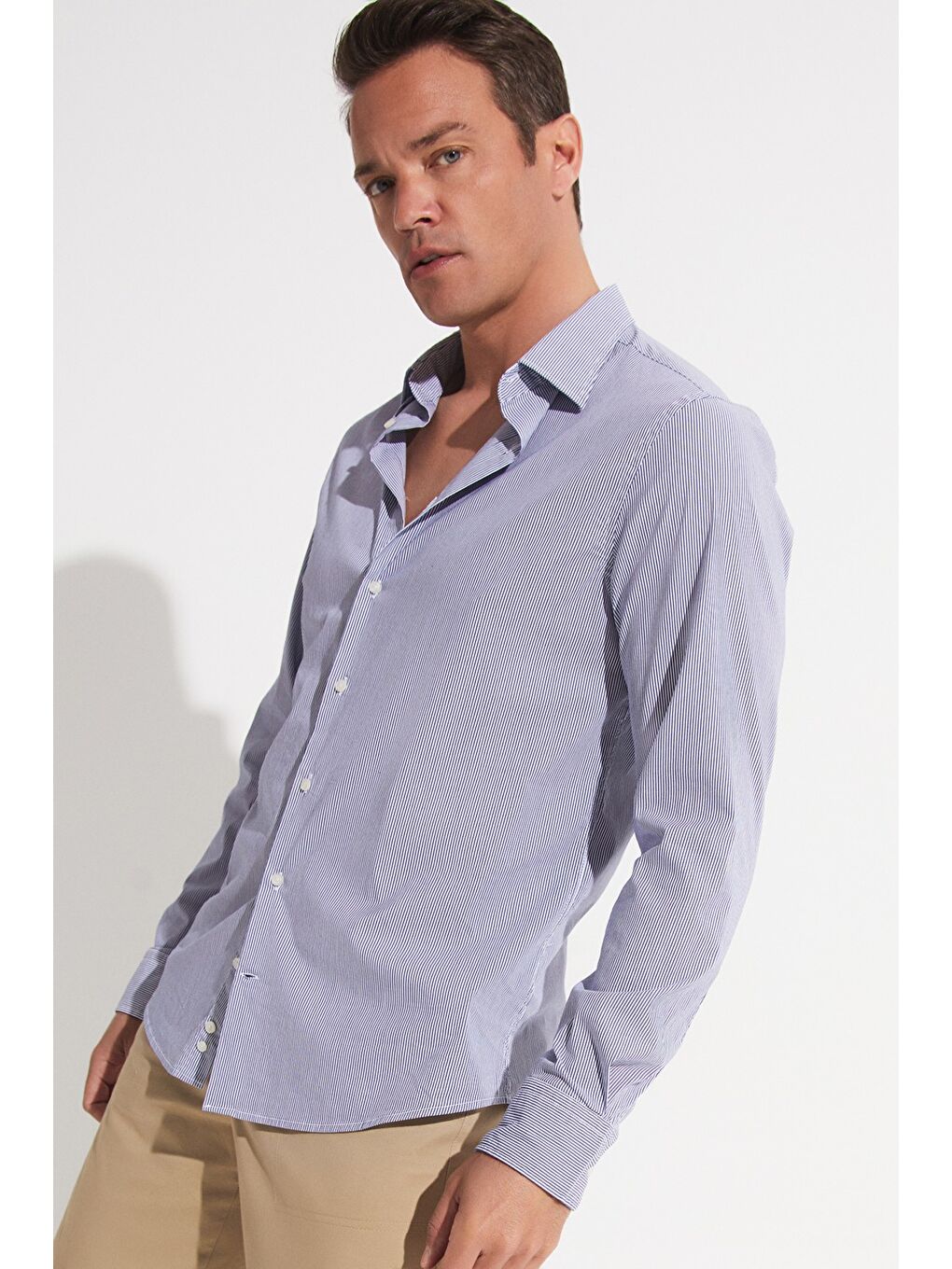 Lacivert Exclusive Erkek Slim Fit Çizgili Gömlek-2
