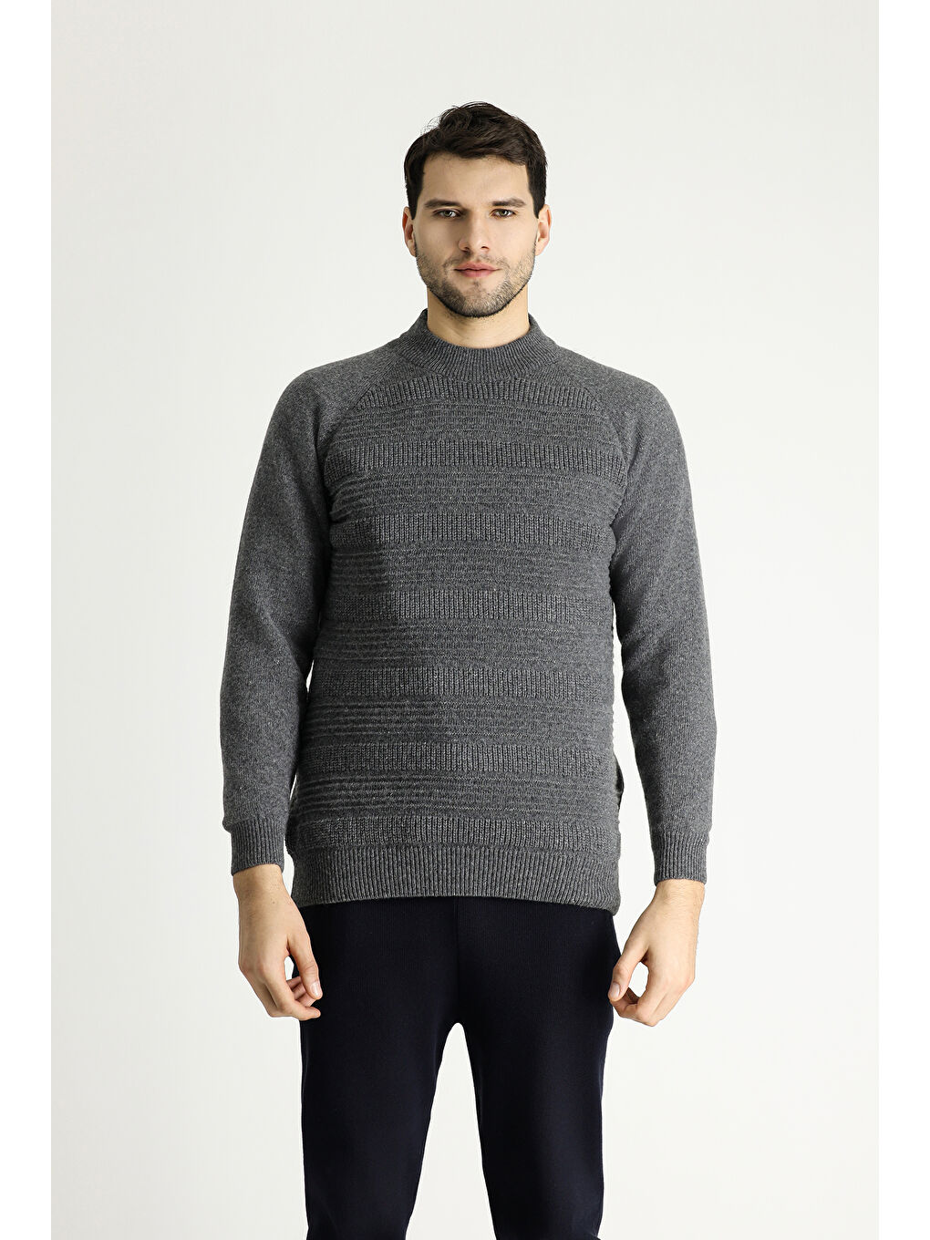 Gri Bato Yaka Slim Fit Dar Kesim Desenli Yünlü Triko Kazak-3