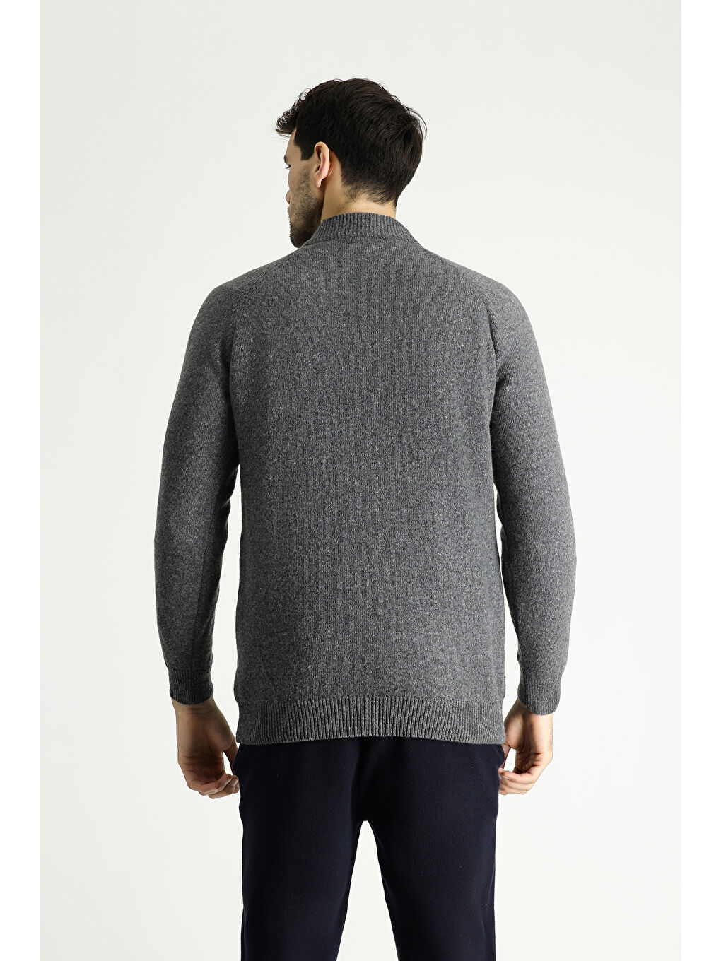 Gri Bato Yaka Slim Fit Dar Kesim Desenli Yünlü Triko Kazak-4