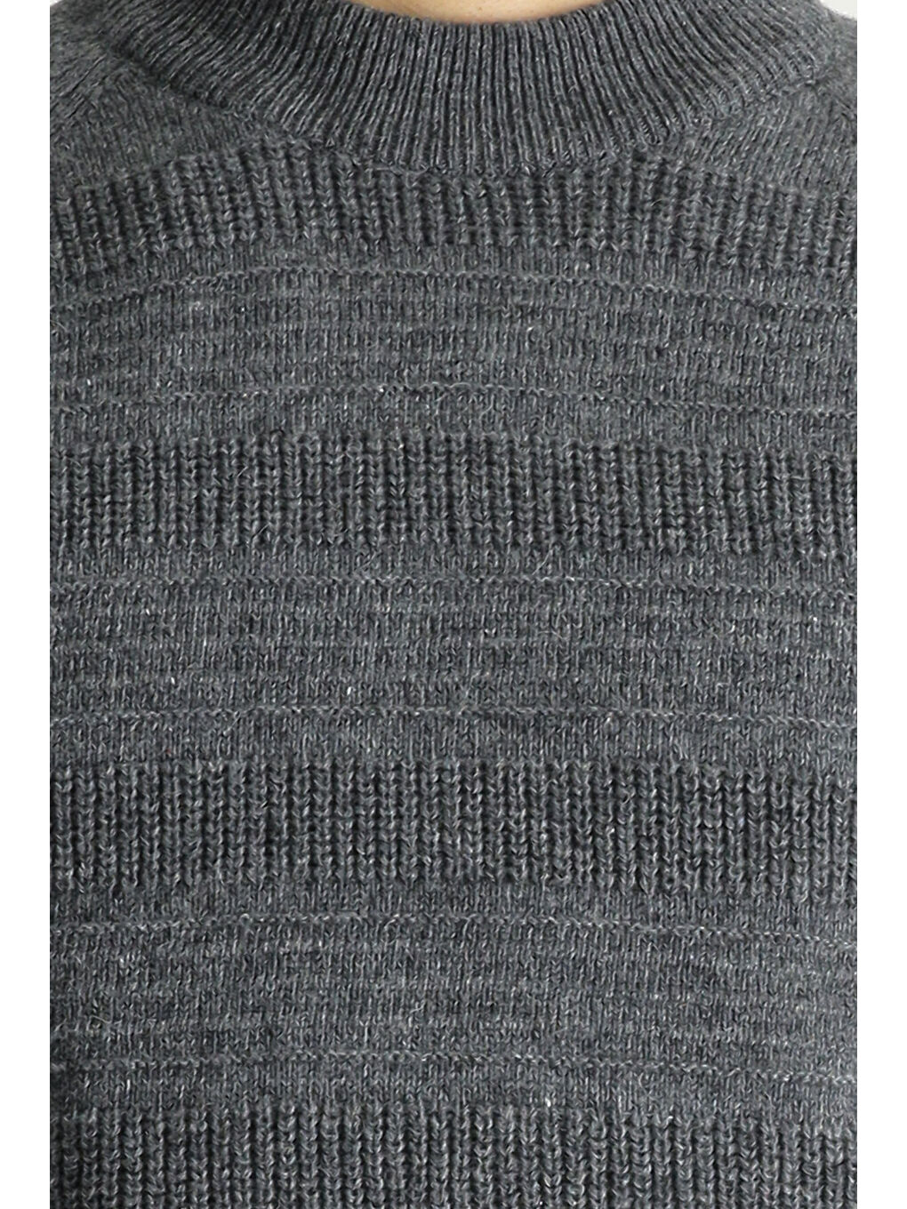 Gri Bato Yaka Slim Fit Dar Kesim Desenli Yünlü Triko Kazak-5