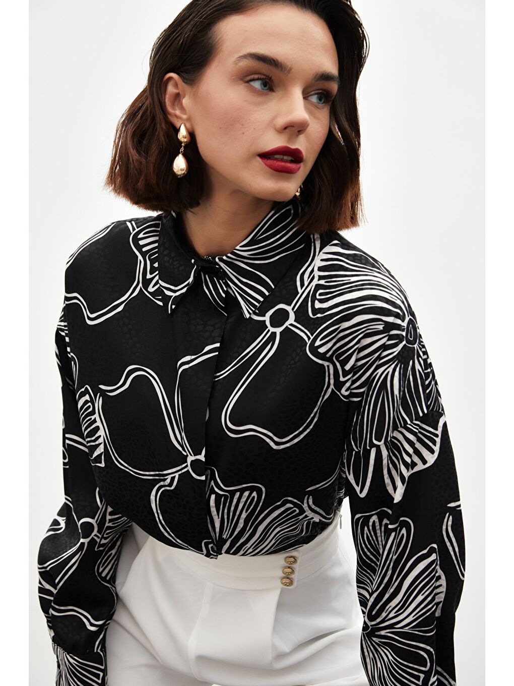 Desenli Uzun Gömlek - Siyah-3