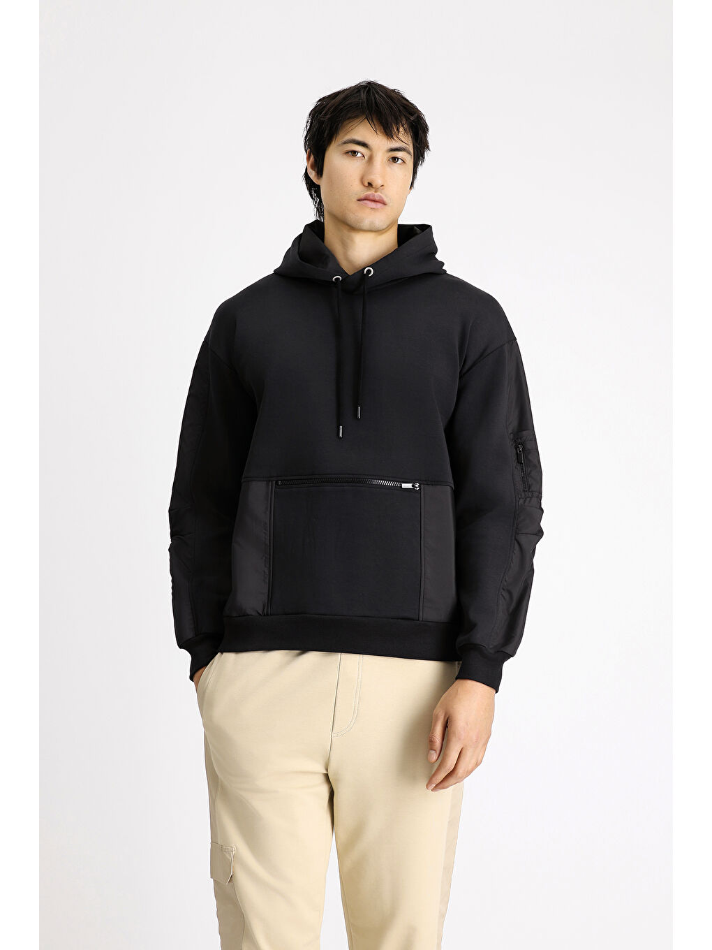 Siyah Kapüşonlu Oversize Fermuarlı Pamuklu Sweatshirt-3