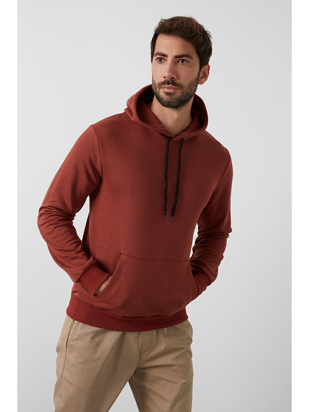 Turuncu Pamuklu Kanguru Cepli Kapüşonlu Erkek Hoodie-1