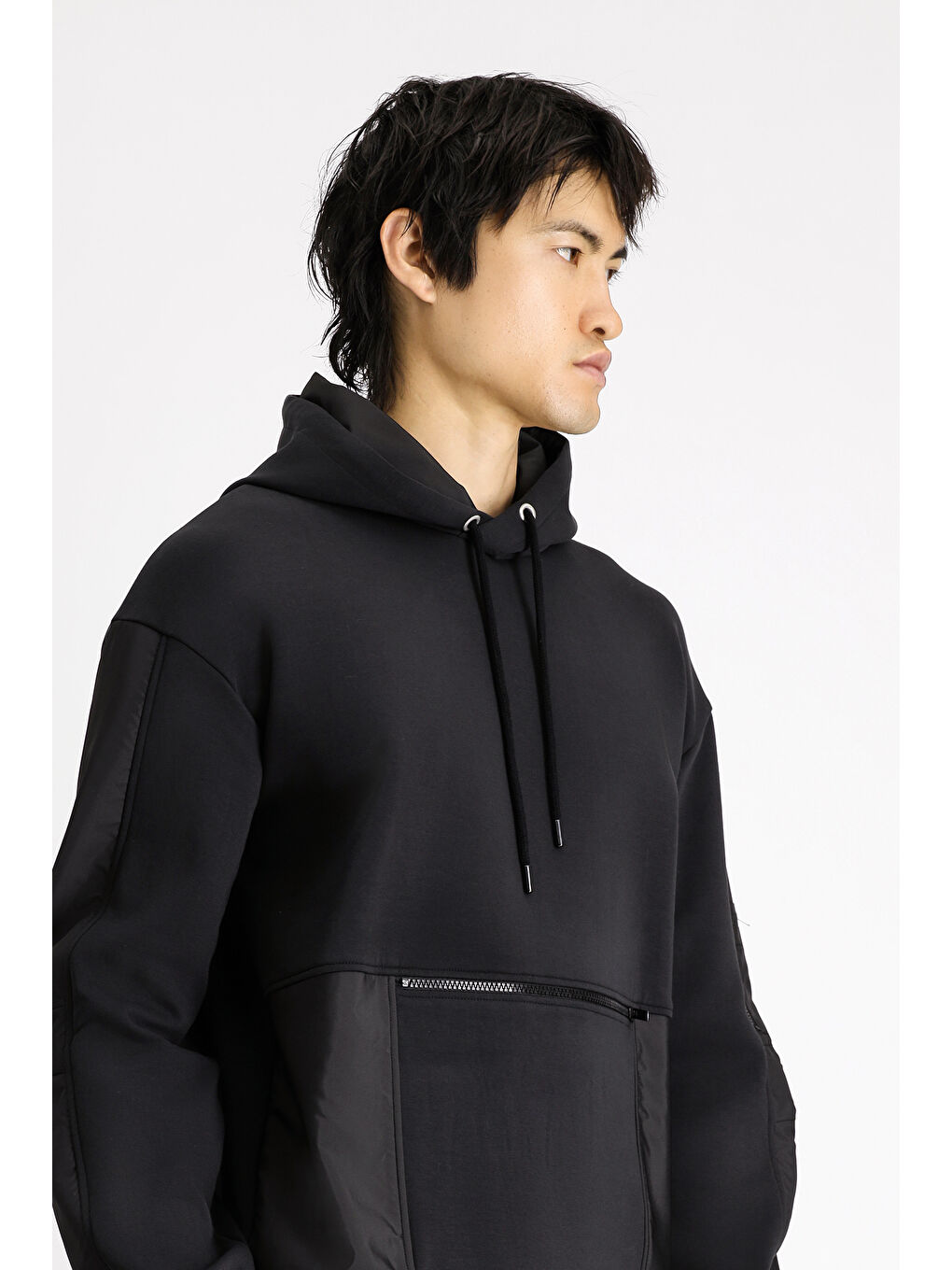 Siyah Kapüşonlu Oversize Fermuarlı Pamuklu Sweatshirt-4
