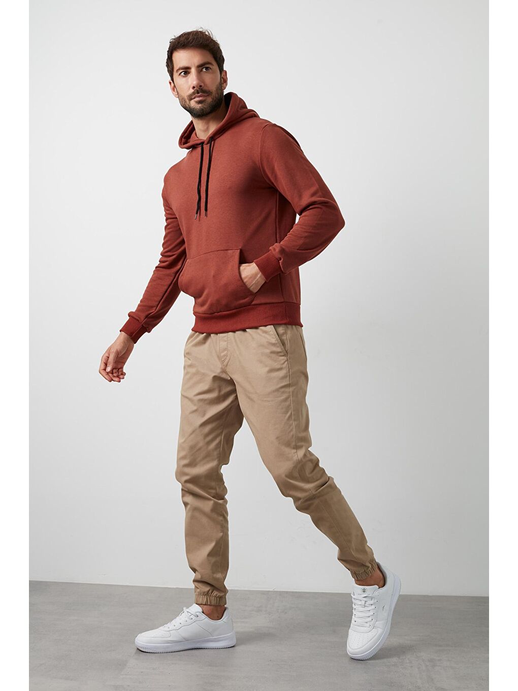 Turuncu Pamuklu Kanguru Cepli Kapüşonlu Erkek Hoodie-2