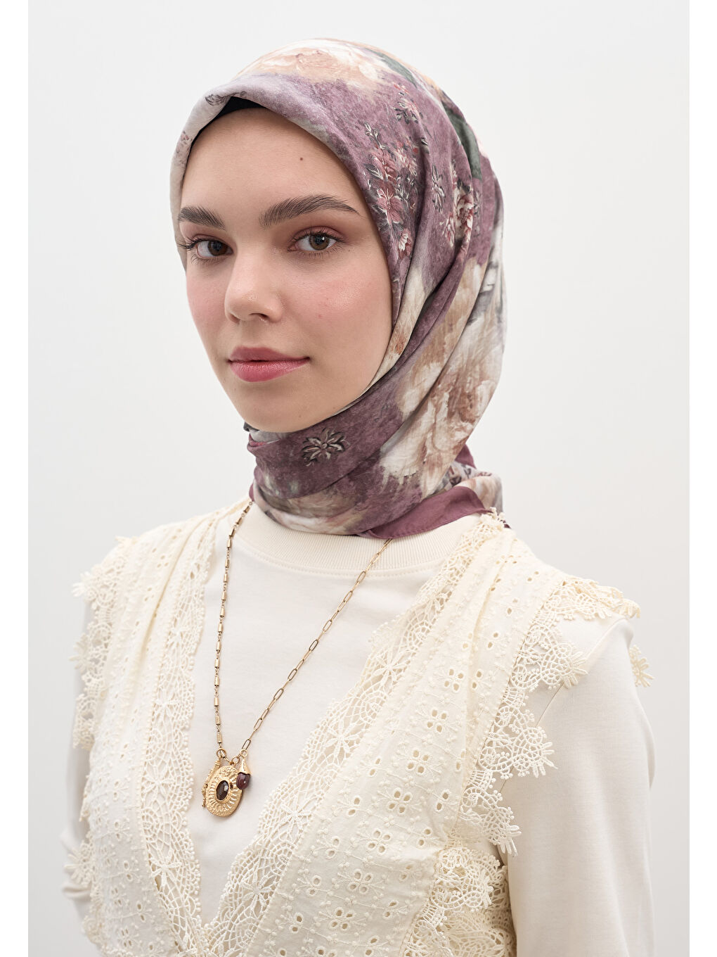 Pembe Vıntage Rose Desen Pamuklu Viskon Eşarp Gülkurusu-2