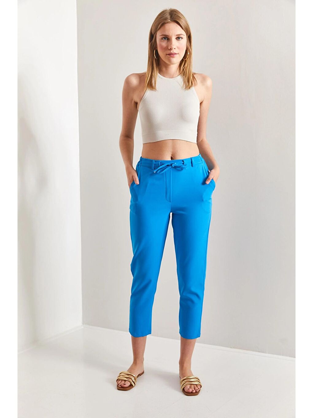 Mavi Kadın İpli Atlas Kumaş Pantolon-2