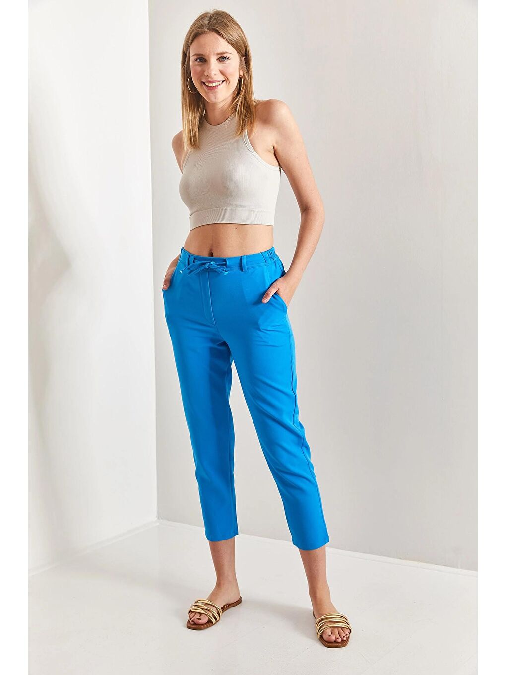 Mavi Kadın İpli Atlas Kumaş Pantolon-3