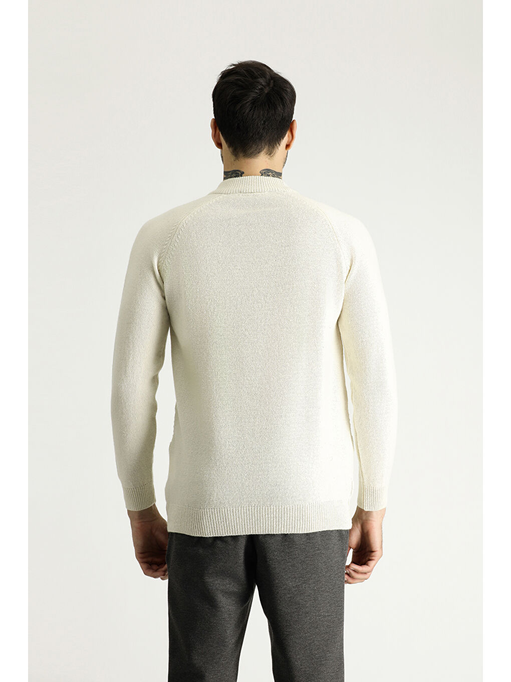 Ekru Bato Yaka Slim Fit Dar Kesim Desenli Yünlü Triko Kazak-4